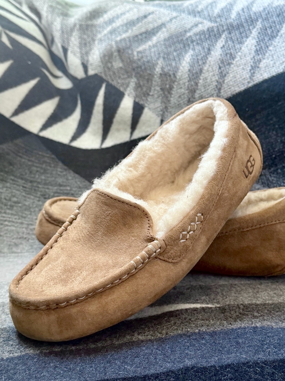 UGG Ansley Chestnut Suede Slip-On Moccasin with Shearling slippers